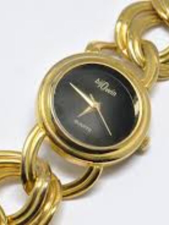 Vintage Bijowin Gold-Tone Women\'s Dress Watch with Black Dial